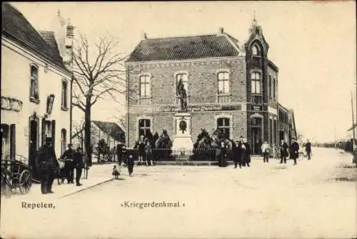 Ak Repelen Moers am Niederrhein, Kriegerdenkmal, Restaurant, Straßenpartie