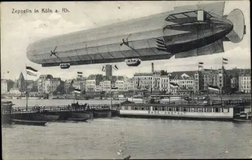 Ak Köln am Rhein, Zepplin über der Ortschaft, Schiffbrücke, Badeanstalt