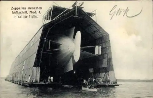 Ak Zeppelin, neuestes Luftschiff in der Halle, Bodensee