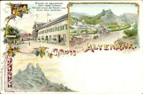 Litho Altenahr im Landkreis Ahrweiler, Hotel Caspari, Ruine Altenahr