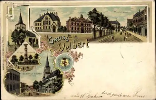 Litho Velbert im Rheinland, Straßenansicht, Rathaus, Kirche