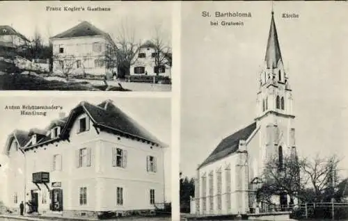 Ak Sankt Bartholomä Steiermark, Kirche, Gasthaus Franz Kogler, Geschäft Anton Schützenhofer