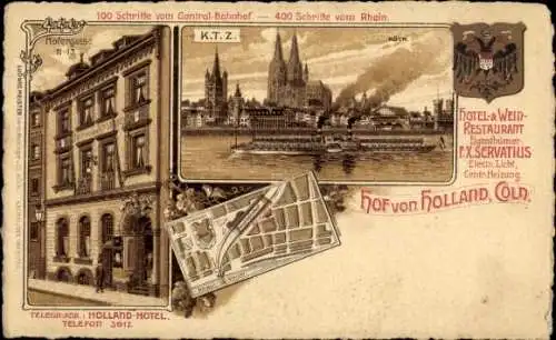 Stadtplan Wappen Litho Köln am Rhein, Hotel Hof von Holland, Hofergasse 11