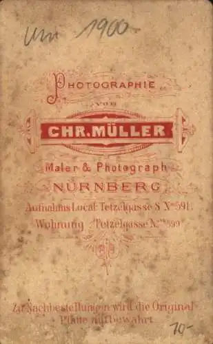 CdV Nürnberg, Junger Mann in Uniform, Standportrait, um 1900