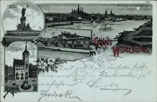 Mondschein Litho Würzburg am Main, Panorama, Luitpoldbrunnen, alte Brücke, Festung, Rathaus