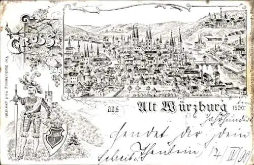 Passepartout Ak Würzburg am Main Unterfranken, historische Ansicht aus dem Jahr 1600