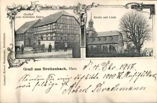 Ak Breitenbach Sangerhausen am Südharz, Gasthof zum Deutschen Kaiser, Kirche, Linde