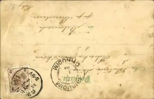 Halt gegen das Licht Litho Fröhliches Neujahr, Turmbläser, Uhr, Meteor