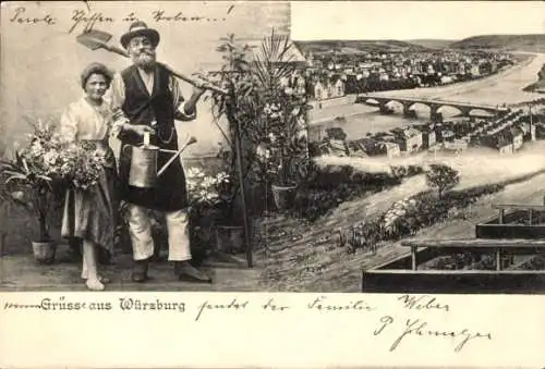 Ak Würzburg am Main Unterfranken, Panorama, Gärtnerpaar mit Blumen, Spaten, Gießkanne