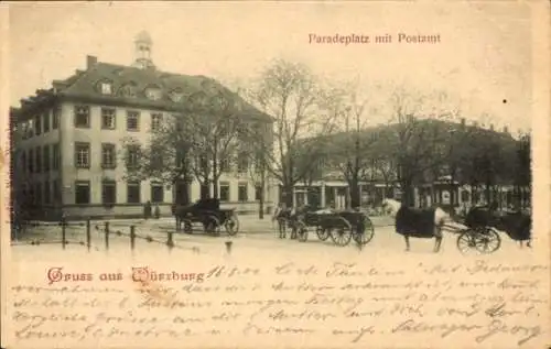 Ak Würzburg am Main Unterfranken, Paradeplatz, Postamt, Kutschen