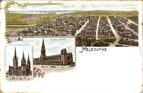 Litho Melbourne Australien, Panorama, St. Patricks Kathedrale, St. Pauls Kathedrale