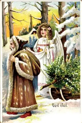 Ak Frohe Weihnachten, God Jul, Weihnachtsmann zieht Schlitten mit Tannenbaum, Engel