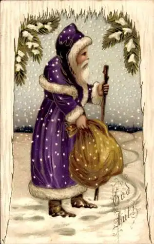 Präge Ak Frohe Weihnachten, God Jul, Weihnachtsmann im Schnee