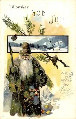 Litho Frohe Weihnachten, God Jul, Weihnachtsmann mit Geschenken, Winterlandschaft