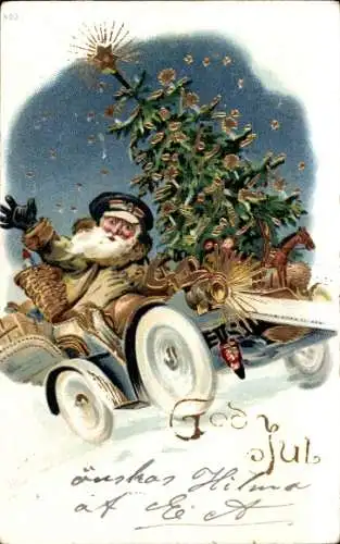 Litho Frohe Weihnachten, God Jul, Weihnachtsmann im Automobil, Tannenbaum