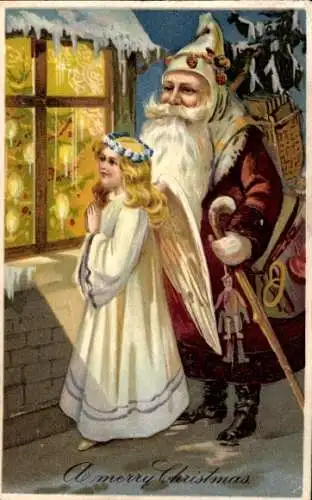 Ak Frohe Weihnachten, Weihnachtsmann und Engel schauen durchs Fenster