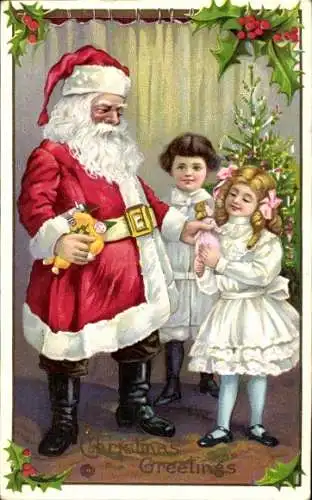 Ak Frohe Weihnachten, Weihnachtsmann überreicht Kindern Geschenke, Tannenbaum, Stechpalme