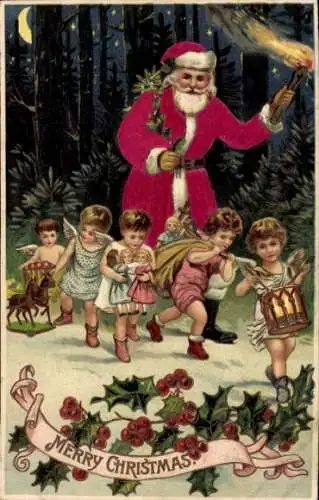 Präge Ak Frohe Weihnachten, Weihnachtsmann mit Fackel, Engel tragen Geschenke, Stechpalme
