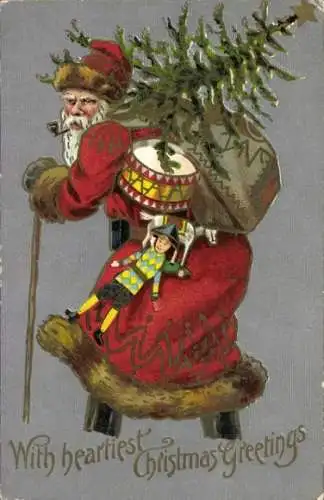 Präge Ak Frohe Weihnachten, Weihnachtsmann mit Pfeife, Geschenke, Tannenbaum