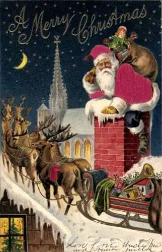 Präge Stoff Ak Frohe Weihnachten, Weihnachtsmann steigt in Schornstein, Rentierschlitten