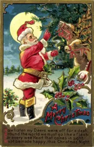 Präge Ak Frohe Weihnachten, Weihnachtsmann mit Rentieren, Stechpalmenzweige, Gedicht