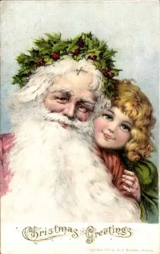 Litho Frohe Weihnachten, Weihnachtsmann mit Kranz aus Stechpalmenzweigen, Kind