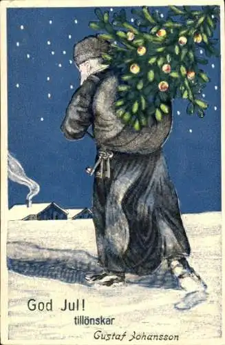 Ak Frohe Weihnachten, God Jul, Weihnachtsmann trägt Tannenbaum, Schlüsselbund