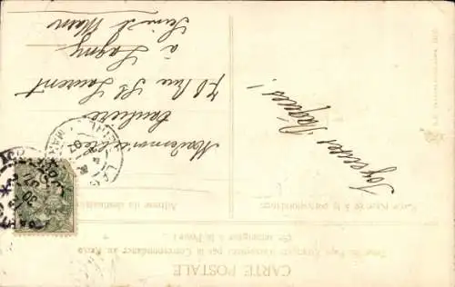 Ak 1. April, Briefumschlag mit Maiglöckchen, Fisch und Kleeblatt