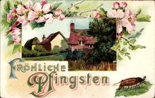 Präge Ak Glückwunsch Pfingsten, Häuser, Blumen, Maikäfer