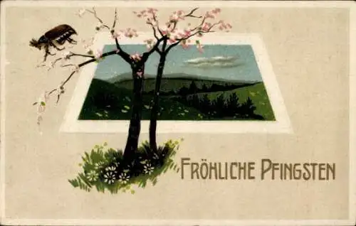 Ak  Fröhliche Pfingsten. Baum mit rosa Blüten. Fliegender Maikäfer.