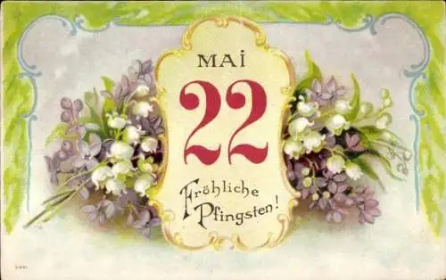 Präge Ak Frohe Pfingsten, 22. Mai, blühender Flieder, Maiglöckchen