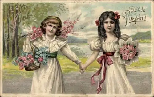 Präge Litho Glückwunsch Pfingsten, Mädchen mit Rosen