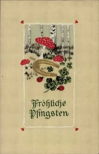 Präge Passepartout Litho Glückwunsch Pfingsten, Fliegenpilze, Hufeisen, Klee