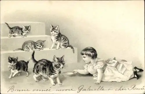 Litho Mädchen mit Milchschale, Katzen, Treppen