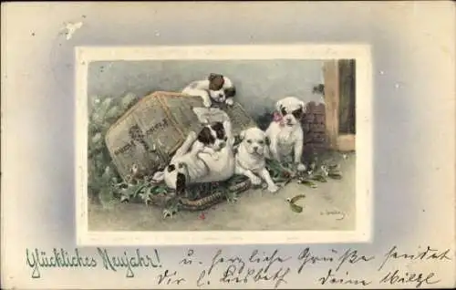 Präge Ak Glückwunsch Neujahr, Hunde, Truhe, Mistelzweige