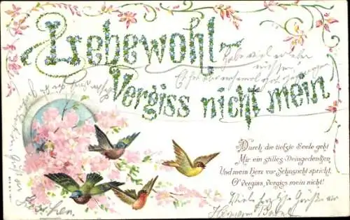 Präge Litho Lebewohl, Vergissmeinnicht, Vögel, Kitsch