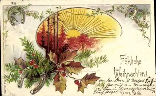 Präge Litho Glückwunsch Weihnachten, Stechpalme, Hufeisen, Tannenzweige