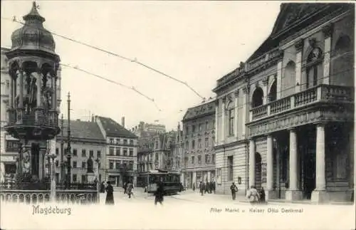 Ak Magdeburg an der Elbe,  Alter Markt mit Kaiser Otto Denkmal, Straßenbahn