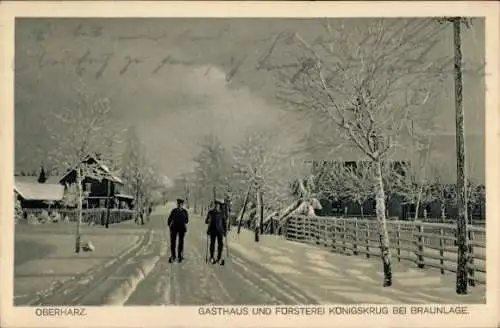 Ak Königskrug Braunlage im Oberharz, verschneite Winterlandschaft, Gasthaus und Forstei Königs...