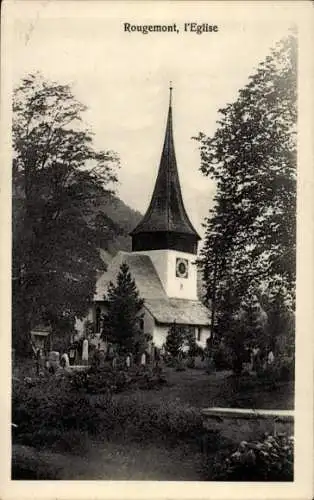 Ak Rougemont Kanton Waadt, Dorfkirche, Bäume, Friedhof