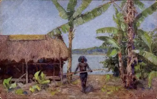 Künstler Ak Müller, Peter Paul, Papua in Neuguinea, Dorf, Hütte, Strohdach, Kolonialkriegerdank