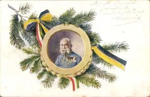 Ak Portrait Kaiser Franz Josef von Österreich Ungarn, Schleifen, Tannenzweig, Eichenlaub