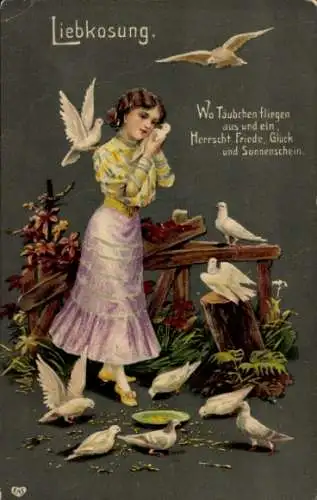 Präge Ak Liebkosung, Frau, Tauben, Kitsch