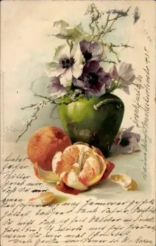 Künstler Litho Klein, Catharina, Blumenvase, Anemonen, Mandarine