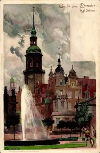 Künstler Ak Kley, Heinrich, Dresden Altstadt, Kgl. Schloss, Fontaine