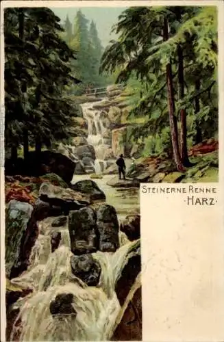 Künstler Litho Hasserode Wernigerode am Harz, Steinerne Renne, Wasserfall