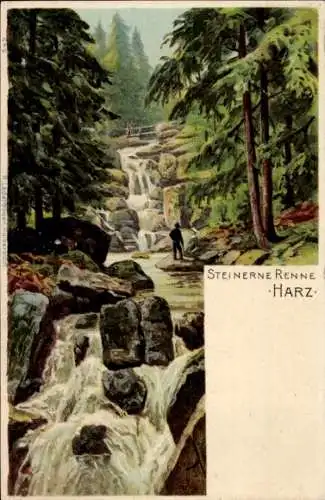 Künstler Litho Hasserode Wernigerode am Harz, Steinerne Renne, Wasserfall