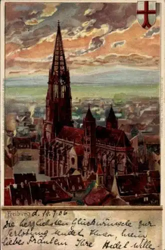 Künstler Litho Freiburg im Breisgau Baden Württemberg, Blick auf die Kirche