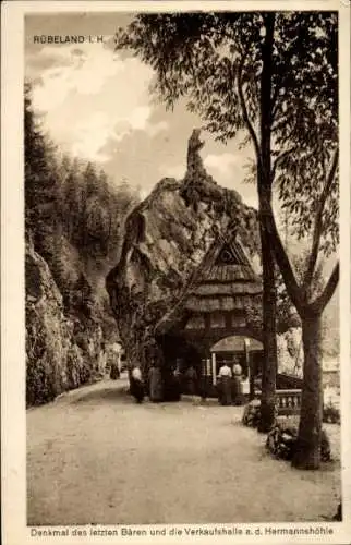 Ak Neuwerk Höhlenort Rübeland Oberharz am Brocken, Denkmal des letzten Bären, Verkaufshalle an...