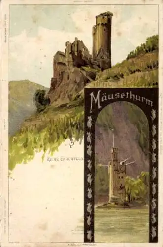 Künstler Litho Biese, C., Bingerbrück Bingen am Rhein, Ruine Ehrenfels, Mäuseturm 